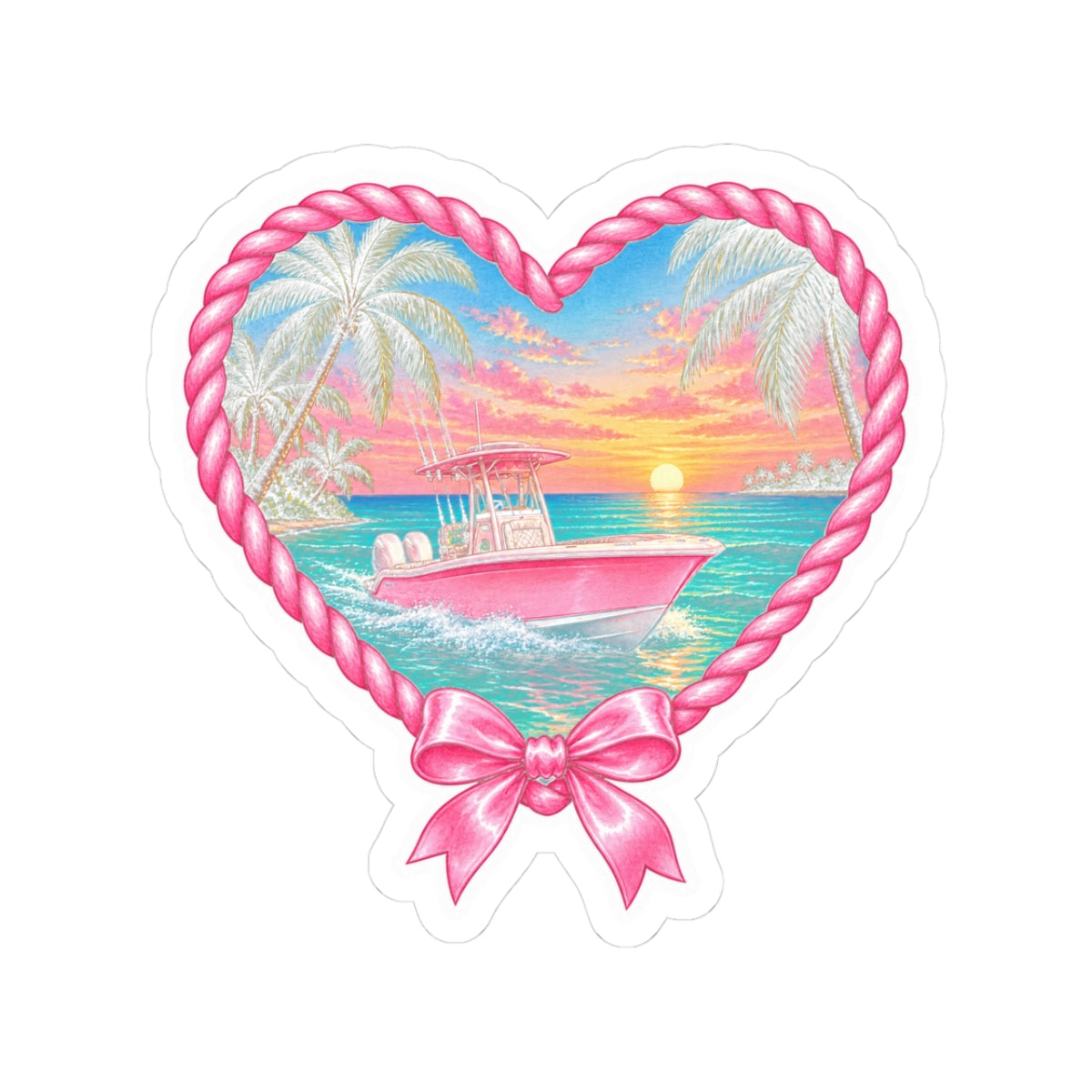 Pink Sunset Boat Heart Sticker 🎀🛥️🌅