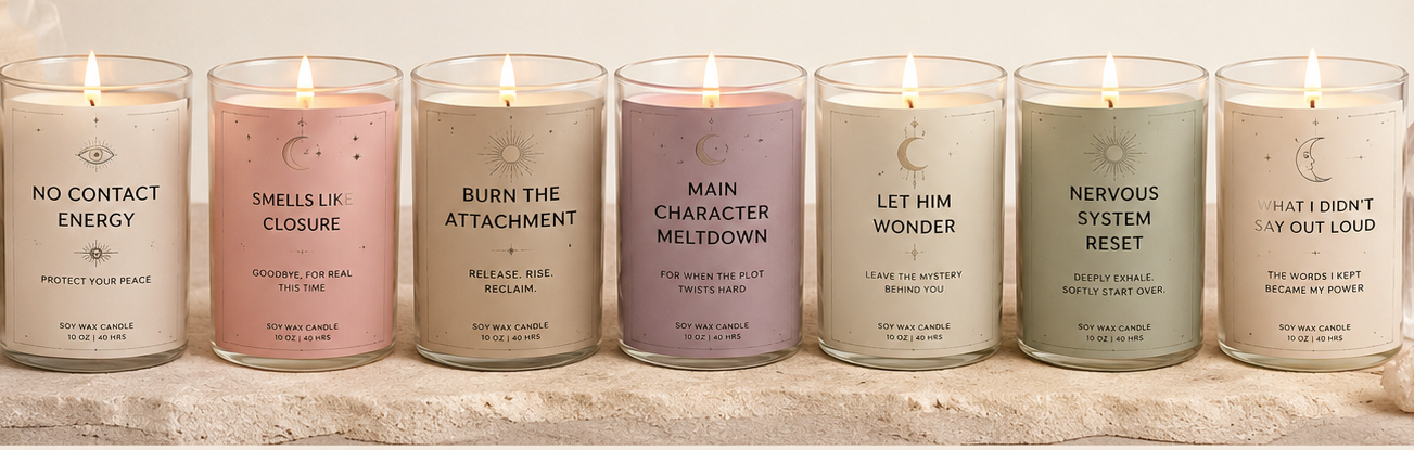 A promotional collage for a candle collection titled 'The Intuition Collection Candle Collection.' The top row shows eight lit glass candles in soft pastel shades with printed labels such as 'No Contact Energy,' 'Smells Like Closure,' 'Burn the Attachment,' 'Main Character Meltdown,' 'Let Him Wonder,' 'Nervous System Reset,' 'No Contact Energy 2,' and 'Smells Like Closure 2.