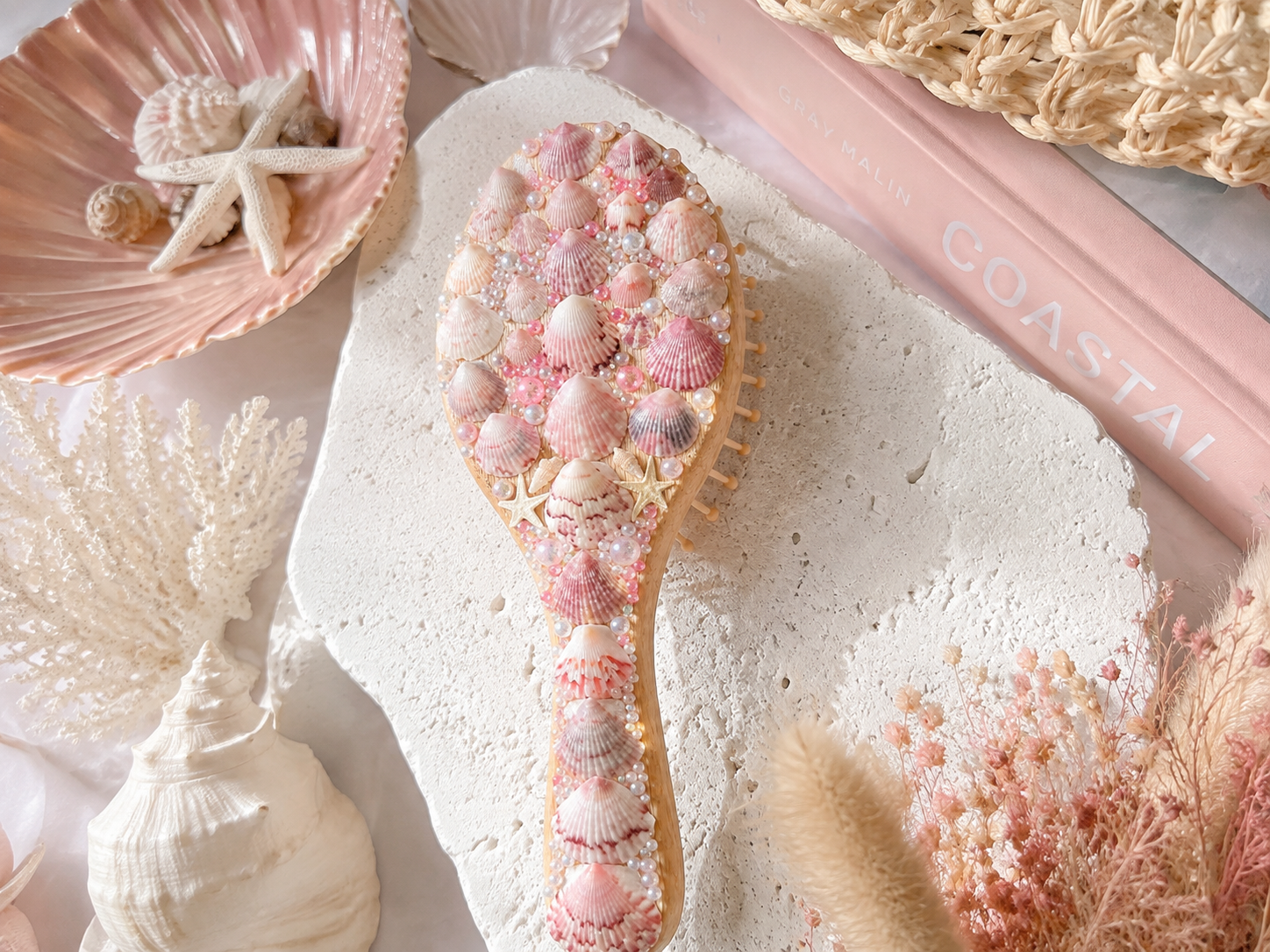 Handmade Seashell & Rhinestone Hairbrush